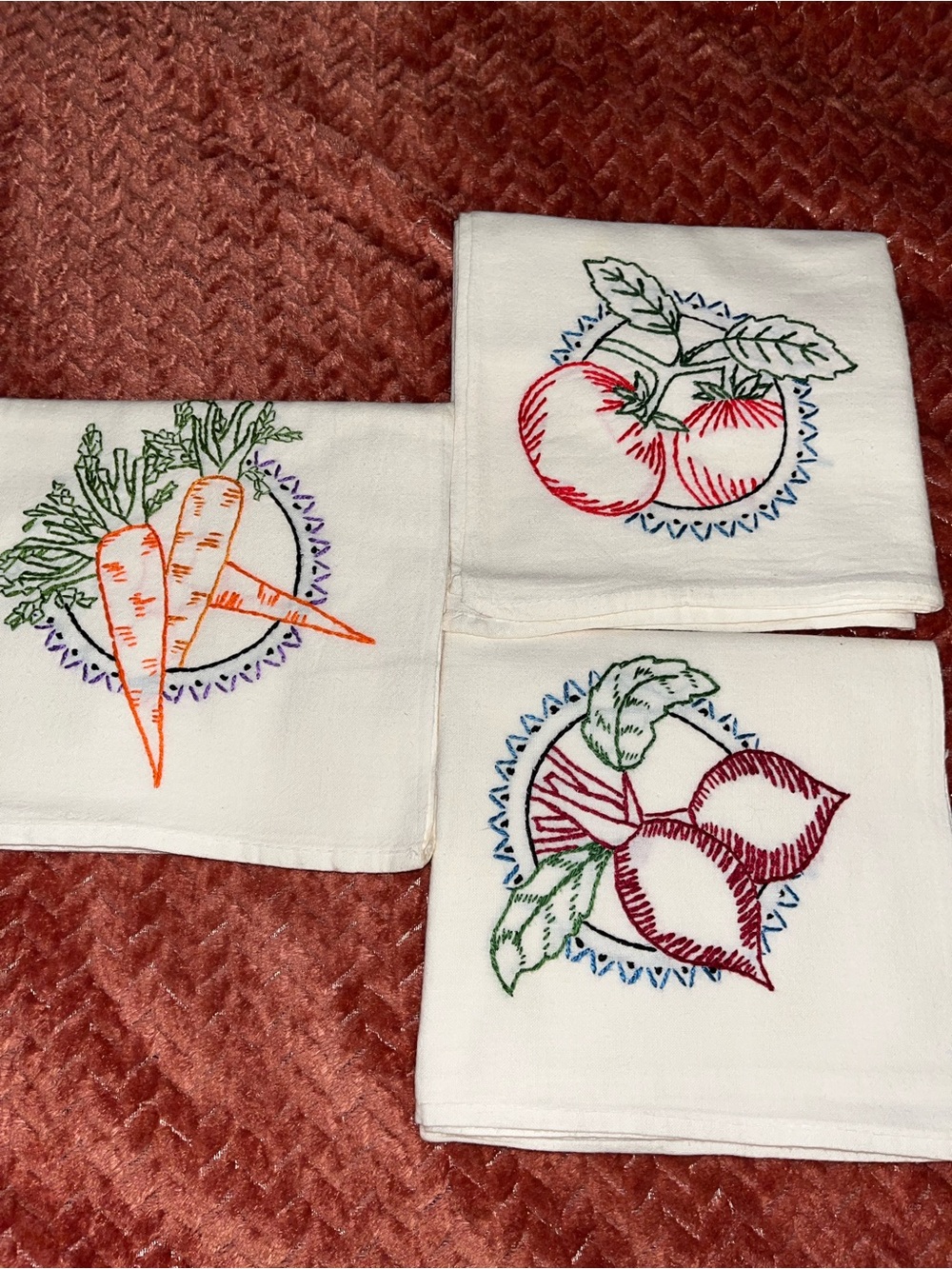 Vegetable embroidered table linens.